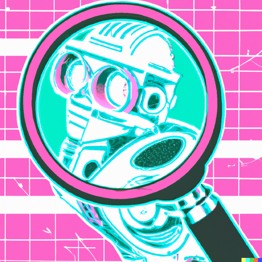 A magnifying glass zooming on robot